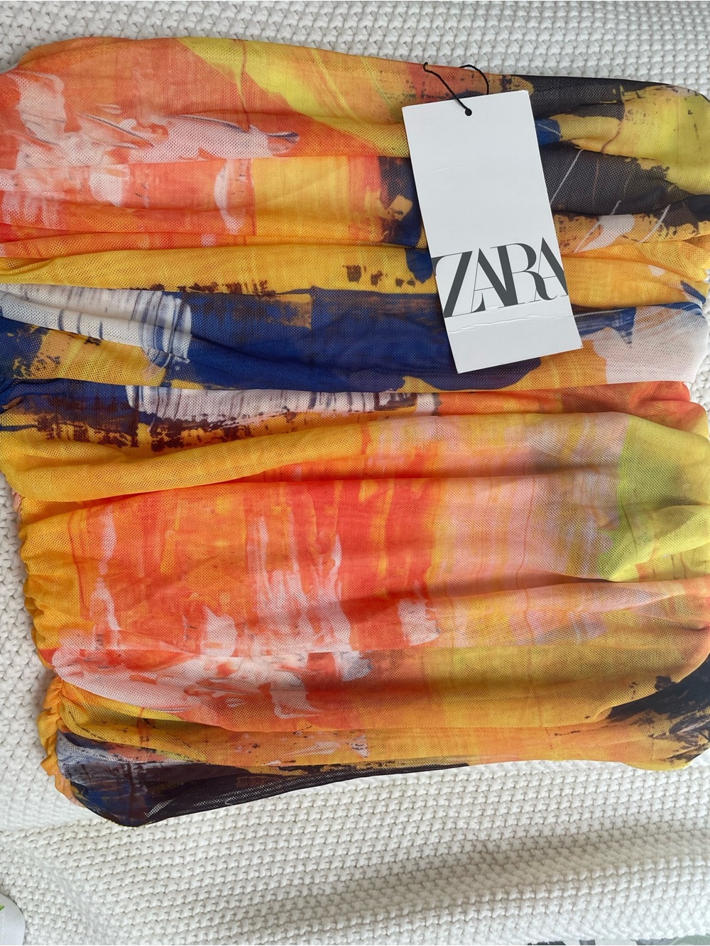Zara Printed Tulle Mesh Tube Top Size S Yellow Orange Blue Ruched Strapless NWT